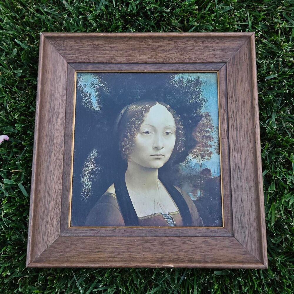 vintage Leonardo da Vinci Ginevra de Benci 15th Century Framed Portrait Print